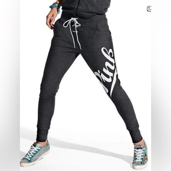 PINK Victoria’s Secret Black Lace Up Sweatpants Size Medium - Picture 1 of 6